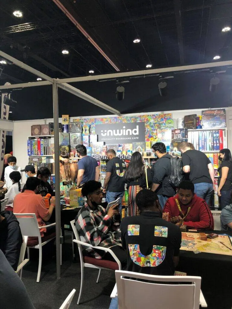 A busy Unwind food and games area at a Dubai exhibition